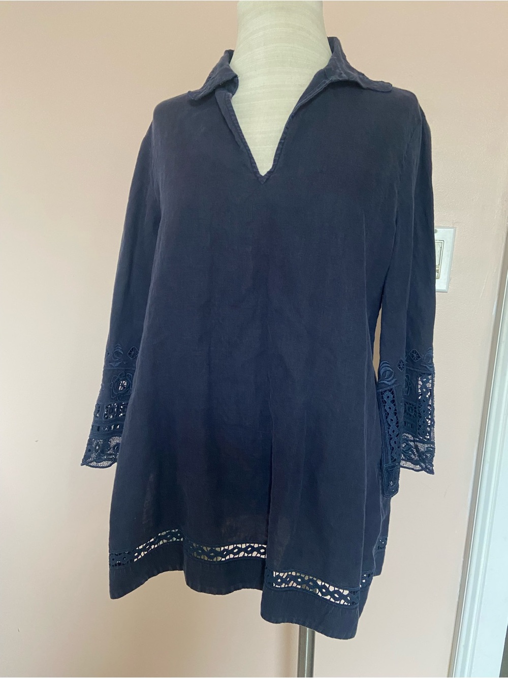 Lafayette 148 New York Navy Blue Linen Lace Tunic Top M